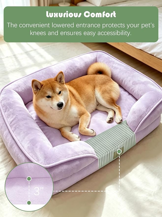 Spotted Play Orthopedic Dog Bed with Sides - Sofa Beds for Medium Dogs, Supportive Foam Pet Couch Bed with Washable Removable Cover, Waterproof Lining and Non-Slip Bottom, Purple - M