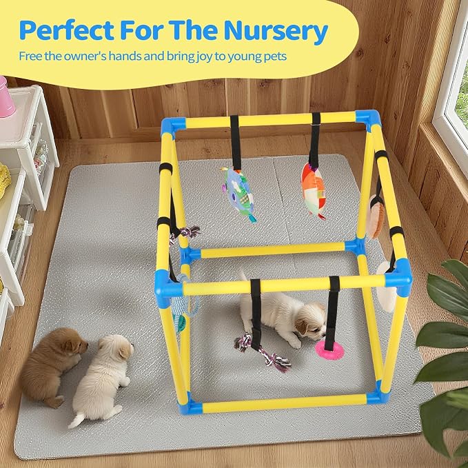 Liitrton Puppy Play Gym for Small Dogs with 8 Hanging Toys, Yellow | 19.5"x19.5"x19.5" PVC Frame, Indoor Puppy Jungle Gym with Interactive Puppies Toys