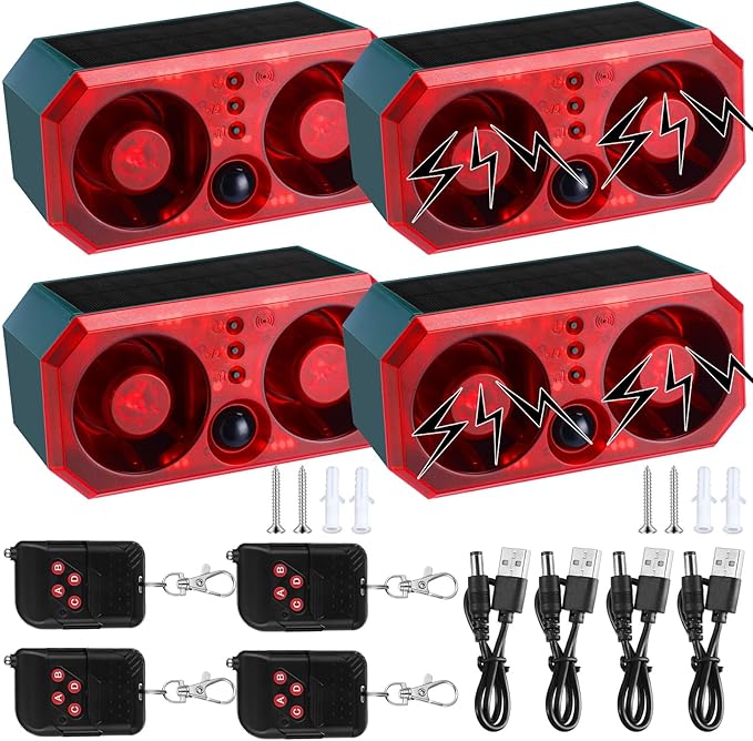 Qualirey 4 Pcs Solar Outdoor Motion Sensor Alarm Motion Sensor Animal Deterrent Dog Barking Alarm 13 Sound 130db Loud Noise Maker 4 Mode with USB Remote Control Support Recording Volume Adjustment