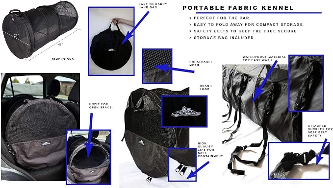 Pet Tube Soft Car Crate Large Kennel The Safe Dog and Cat Travel Mobile Home Pet Limo with Seat Belts and Storage Bag 47Lx24H Grey Color