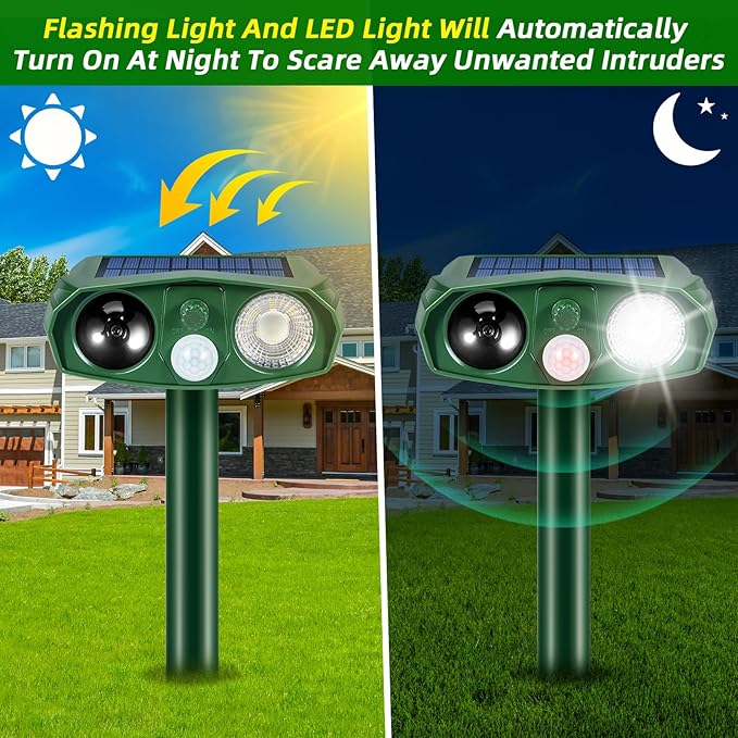 Solar Animal Repellent Outdoor, 4 Pack Ultrasonic Deer Deterrent Devices with Motion Sensor, Garden Deterrent for Cats Squirrels Rabbits Rodents, Waterproof Cat Repellent for Yard