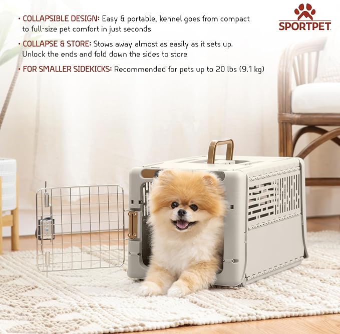 SportPet Designs Collapsible X-Small Pet Travel Carrier (Tan), Hard-Sided Kennel for Small Dogs, Puppies, Cats, Kittens, Animals up to 20lbs, Washable Home & Outdoor Pet Crate, 19.6"L x 13.5"W x 12"H