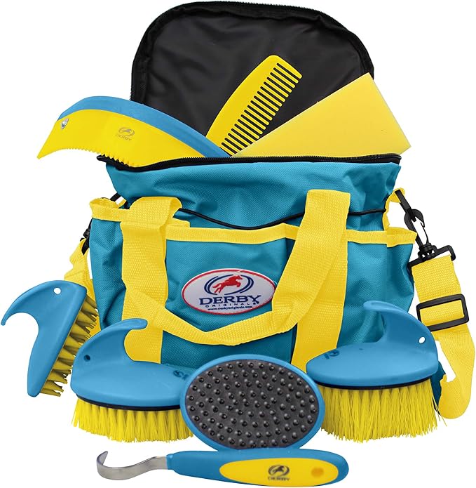 Derby Premium Comfort 9 Item Horse Grooming Kit (Blue/Yellow)