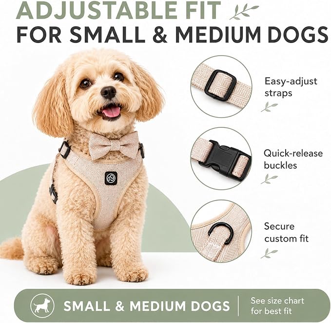 EVERKING 5-Piece Dog Travel Set, Adjustable Harness, Leash, Collar, Poop Bags, Bowtie for Small Medium Dogs, Beige, Breathable No-Pull Design (Beige, S)