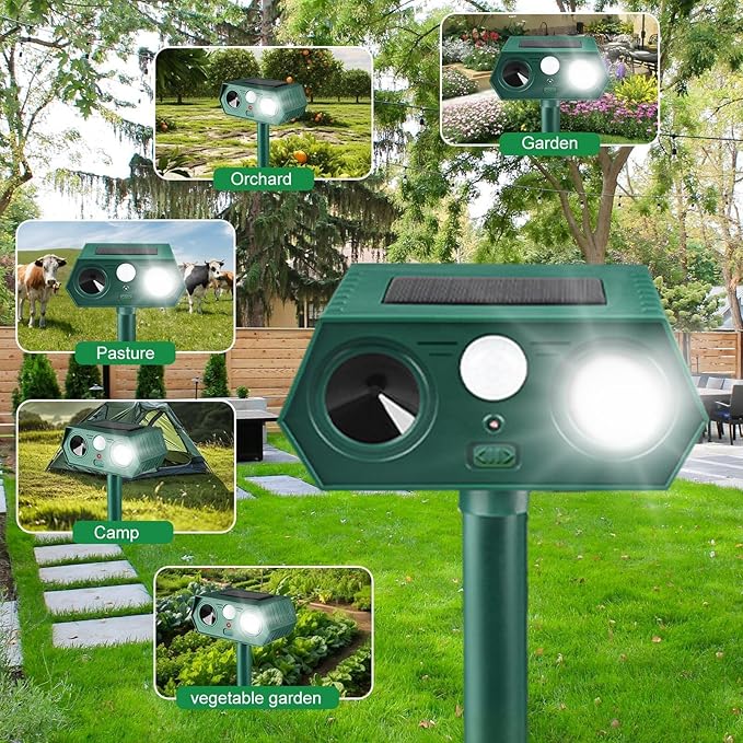 2025 Solar Animal Repellent,Upgraded Ultrasonic Cat Repellent Outdoor,Waterproof Deer Deterrent for Bird Dog Skunk,Squirrels Deterrent with Motion Detection Flash Lights for Pasture House (2 Pack)