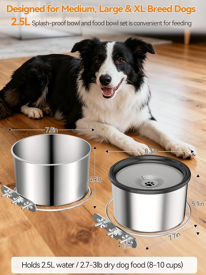 2 Pcs No Spill Dog Water Bowl for Crate, 2.5L Stainless Steel Hanging Kennel Bowls with Adjustable Height, Anti-Splash Water & Food Bowl Set for Cage Kennel Crate, Medium Large Dogs (Black)
