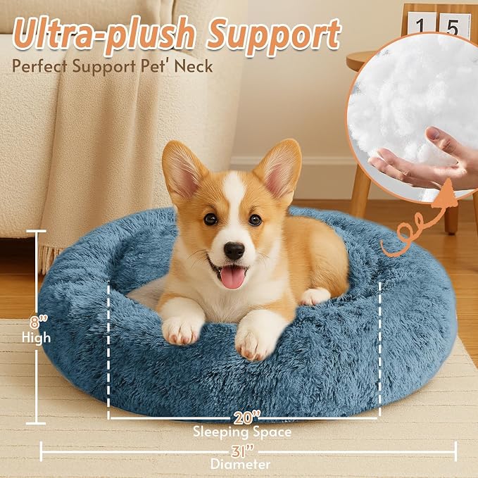JOLLYVOGUE Calming Dog Bed Medium Size Dog, 31in Donut Washable Medium Pet Bed, Anti-Slip & Anti-Anxiety Fluffy Faux Fur Round Dogs Bed, Fits up to 45 lbs Pets (Blue)