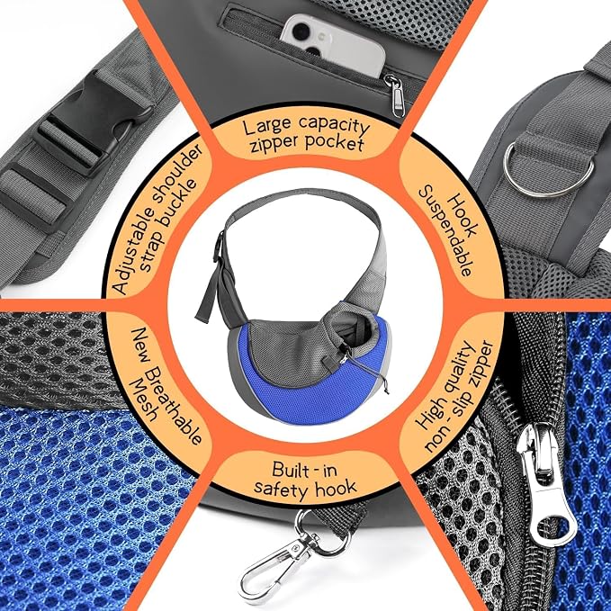 YUDODO Pet Sling Carrier for 5-9 lbs Small Dogs Cat Puppy Crossbody Carrier | Hands-Free, Safety Hook, Large Zipper Pocket, Soft Breathable Mesh, Adjustable Strap, Reflective Strip, Blue, M