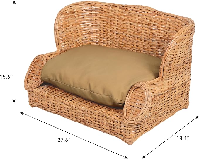 DBD1004B Handwoven Water Hyacinth Pet Daybed with Machine-Washable Cushion, 27.5" x 18" Wicker Sofa for Small to Medium Dogs and Cats, Vintage Style Elevated Pet Bed, Light Brown