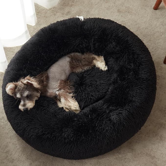 Western Home Calming Donut Cat Bed Small Dog Bed Washable,20" Black | Fluffy Faux Fur Round Cuddler,Anti-Anxiety,Anti-Slip Bottom,Self-Warming Pet Bed for Small Dog&Kitten&Puppy,Up to 12 LBS
