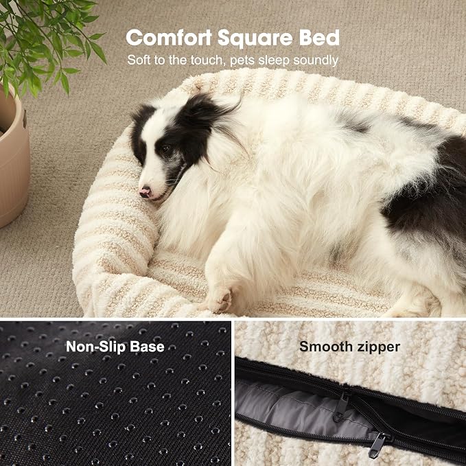 MIXJOY Dog Bed Medium Size Dog, Washable Medium Dogs Bed with Removable Cover, Soft Rectangle Pet Ded Fluffy Plush Faux Fur Pet Bed with Anti-Slip Bottom, 30"x30"x8", White