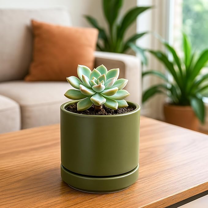 D'vine Dev 4.7 Inch Ceramic Planter Pot, Olive, 94-O-B-J | Modern Cylinder Design, Drainage Hole & Saucer Included, Stable Structure, Elegant Home Accent