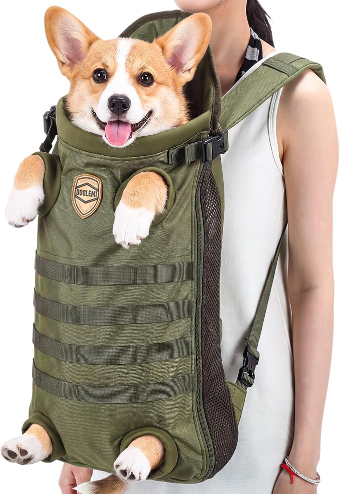 Dog Carrier Tactical Backpack for Medium Large 26-40lbs, Dog Soft Hands-Free Legs Out Pet Cat Front Carrier Backpack Facing Travel Bag for Outdoor Traveling Hiking Camping Bike(Green)
