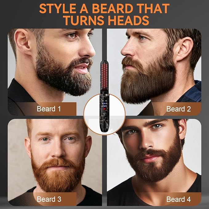 Beard Straightener for Men, Cordless Heated Beard Brush, Portable Beard Hot Combs, Ionic Mini Hair Straightener with 3 Temp Settings, Coarse Curly Hair Brush, Grooming Kit for Men