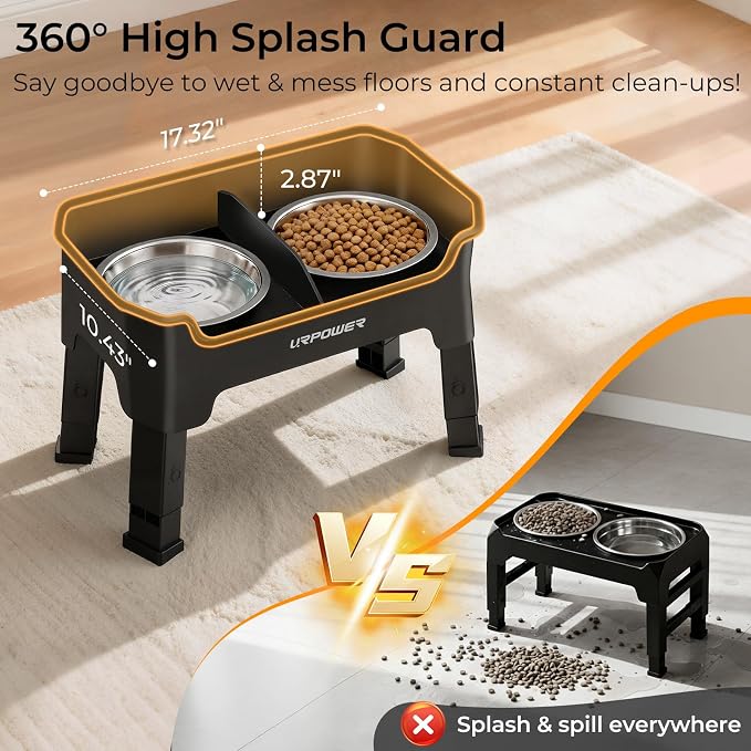 URPOWER Mess Proof Elevated Dog Bowls, Splash Guard Raised Bowl Stand | 4 Adjustable Heights, 2 Stainless Steel Bowls, Food & Water Separation, Foldable Design Non-Slip for Small Medium Large Dogs