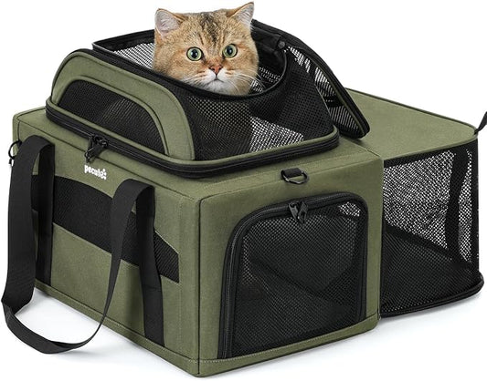 Pecute Top Expandable Airline Approved Pet Carrier for Cats, Dark Gray | Top side expandable, breathable scratch-resistant mesh, leakproof pee pad, locking zippers, foldable travel bag under 11lbs.