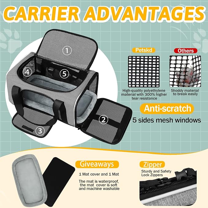 Small Pet Carrier 17" L x 11" W x 9.5" H Airline Approved, Grey | for Alaska Airlines, Lockable Safety Zippers and Anti-Scratch Mesh, Pets Under 10 lbs
