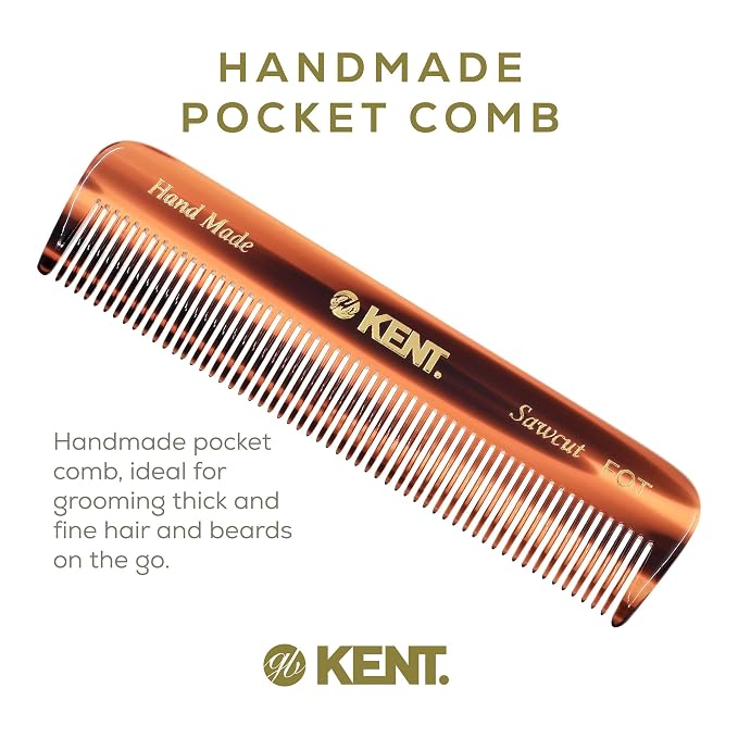 Kent FOT Handmade Pocket Comb for Men, Women and Kids, All Fine Tooth Hair Comb Straightener for Everyday Grooming and Styling Hair, Beard and Mustache, Saw Cut and Hand Polished, Made in England