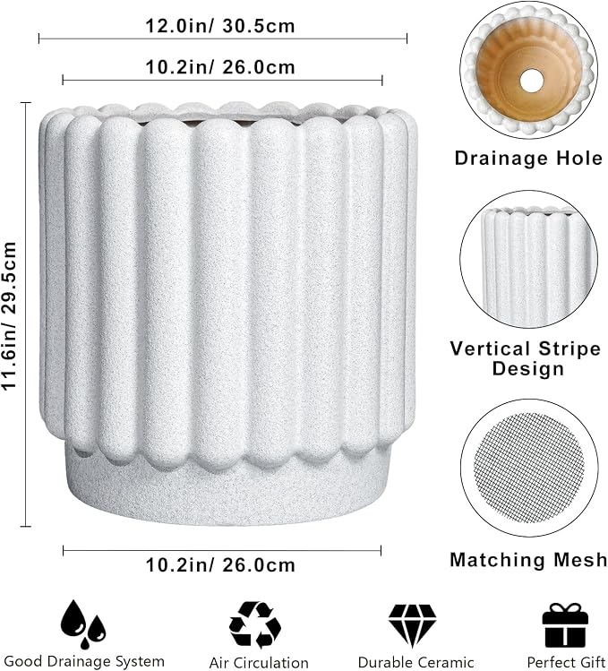 Ceramicfor Ceramic Flower Pot, 12 Inch, White | Fluted Design, Drainage Hole, Indoor Outdoor, Modern Round, Plant Lover Gift