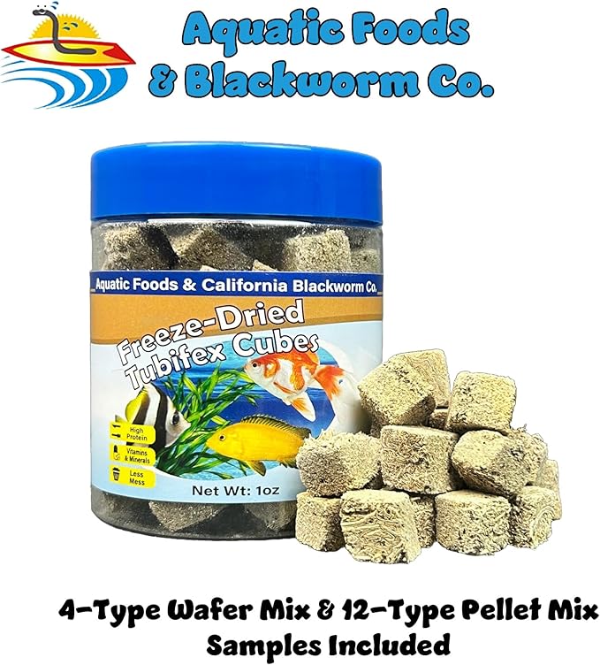 Aquatic Foods Inc. Tubifex Worms, Freeze Dried Tubifex Worm Cubes for Cichlids, Discus, Bettas, Marine Fish, Goldfish, All Tropical Fish, 4-Type Wafer Mix & 12-Type Pellet Mix Included..1oz Canister