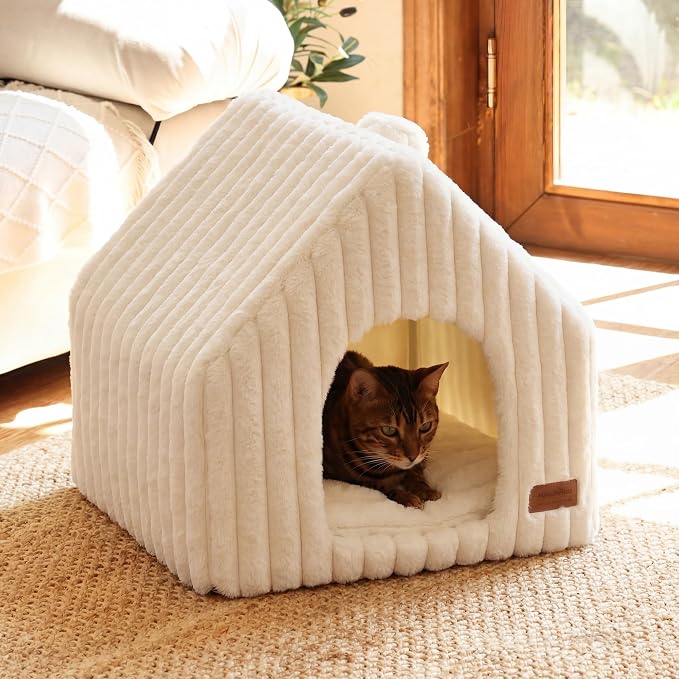 FUKUMARU Cat Bed Cave, Enclosed Washable Covered Dog Bed with Support Frame | Large Cat House for Indoor Cats, Cozy Cat Hideaway for Anxious Cats, Soft Plush Faux Fur Cat Tent Bed, Non-Slip Bottom, Cream