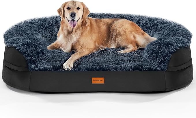 iweepet Fluffy Orthopedic Dog Beds for Large & Extra Large Dogs, 44" Calming Dog Sofa Bed with28D Egg-Crate Foam, Removable Washable Cover, Waterproof Lining, for Puppy,Senior,Sick