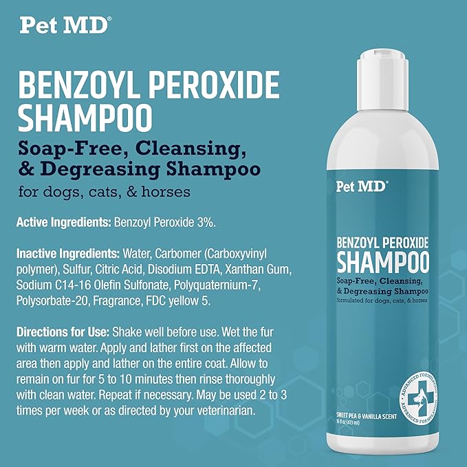 Pet MD Benzoyl Peroxide Shampoo for Dogs & Cats - Helps Remove Dead Skin, Unclog Pores, and Manage Mange - Seborrhea and Degreasing Shampoo for Pet Skin Maintenance - Sweet Pea Vanilla Scent (16oz)