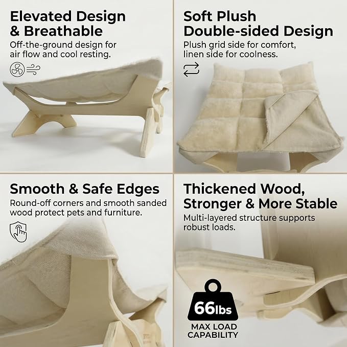 JSPYFITS Elevated Cat Bed Hammock, Raised Cat Bed with Dual-Sided Plush & Linen Cushion, Machine Washable & Breathable Cover Tool Free Easy Assembly, up to 66Lbs (Beige)