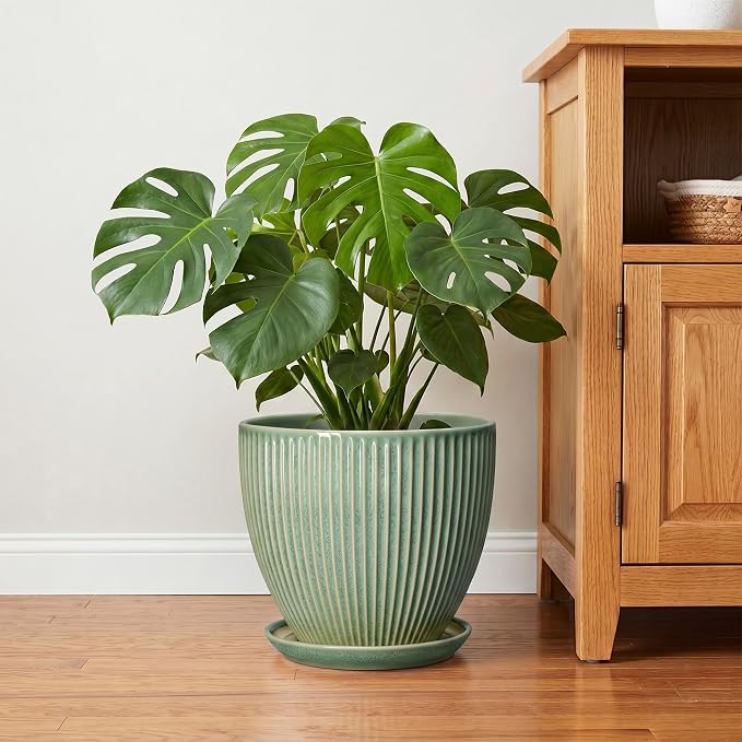 Ceramic Flower Pots, 10 Inch Plant Pot for Indoor Plants, Modern Round Planters with Drainage Hole and Saucer, Decorative Pots for Plants Indoor, Garden Home Decor, Plant Lover Gifts, Green