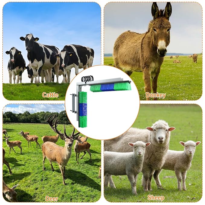 Livestock Scratch Brush With Spring Iron Holder，Animal Back Scratching Brush Including 4pcs goat brushes, 4 stands and accessories For Cow,Cattle,Sheep, Horses,Pigs，Massage Grooming Tool（Green）