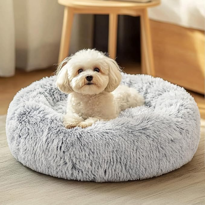 JOLLYVOGUE 23" Dog & Cat Bed, Calming Anti-Anxiety Pet Bed for Small Dogs, Fluffy Donut Cushion for Small and Medium Pets