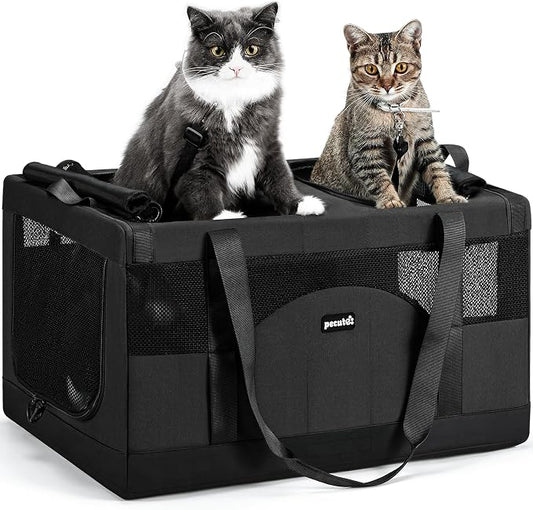 Pecute Cat Carrier, Soft Double Pet Crate for 2 Cats Travel, Dark Gray | 5mm Anti-collapse Frame, Convertible Dual Space, Foldable, Polyester Breathable mesh, Up to 26 lbs, Car Travel & Vet Visits