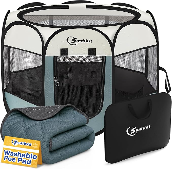 Siedihit Dog Pet Playpen Tent Crate Cage with Washable Pee Pad, Medium Grey | Nursing Rest Zone Recovering Pet Quarantine Room Portable Pop Up Easy to Set up lightweight Carrying Bag Wide applicability