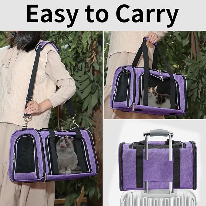 Soft-Sided Cat/Dog/Pet Carrier, Collapsible Pets Travel Carriers for Big Cats/Small Dogs with Shoulder Strap & Removable Mat, Mesh Puppy Carry Bag, Up to 16 Lbs, TSA Airline Approved(Purple)