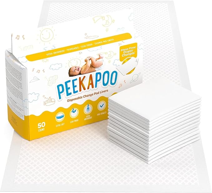 Peekapoo - The Original Disposable Baby Changing Pad Liners – 50 Pack | Super Soft, Waterproof, Ultra Absorbent | Portable, Travel-Friendly, Mess-Free Diaper Changes Anywhere | Super Soft, Waterproof, Ultra Absorbent, Fragrance-Free, No Dyes, 24 x 18 I...