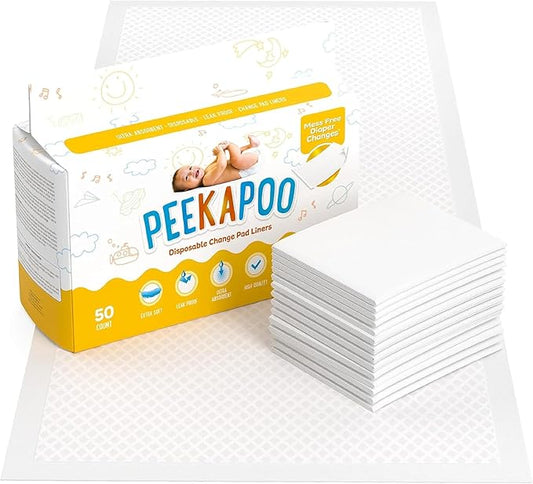 Peekapoo - The Original Disposable Baby Changing Pad Liners – 50 Pack | Super Soft, Waterproof, Ultra Absorbent | Portable, Travel-Friendly, Mess-Free Diaper Changes Anywhere | Super Soft, Waterproof, Ultra Absorbent, Fragrance-Free, No Dyes, 24 x 18 I...