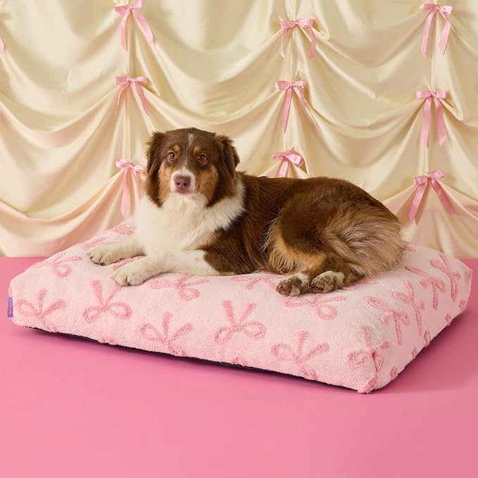 LE SURE Cute Aesthetic Dog Bed for Crate,Jacquard Thick Pet Pillow 35x22 | Shredded Chopped Foam, Jacquard Modern Plush Crate Cushion Gift Idea, Waterproof Washable Cover, Nonslip Bottom, Bow Pink