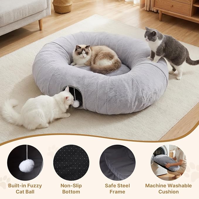 Extra Large Cat Tunnel, 47.2in Multi-Cat Family Big Cat Tunnel for Cats | Long Cat Tunnel Bed with Washable Plush Mat, XXL Pet Play Tunnel Toy for Cats, Puppy, Rabbits Grey