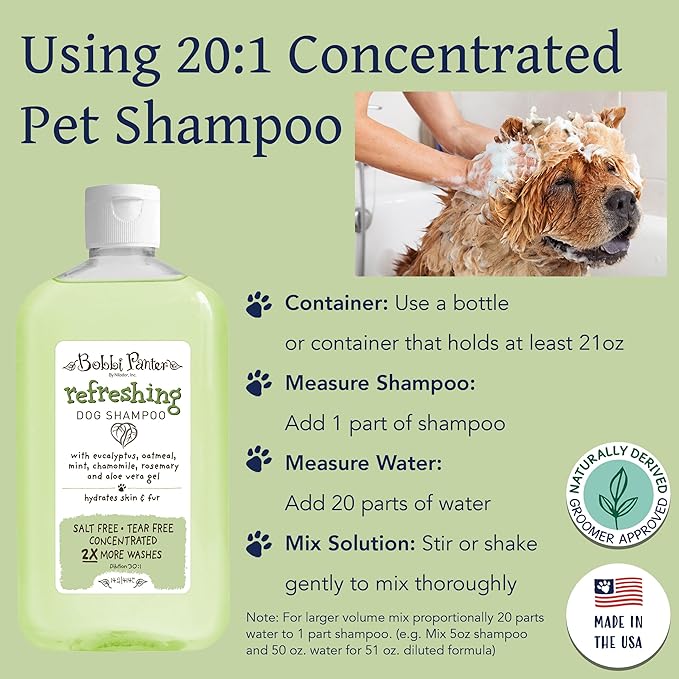Bobbi Panter Refreshing Dog Shampoo Eucalyptus, Mint, Chamomile & Rosemary – Hydrating Natural Formula for Clean Fresh Coat, Tear-Free, 30:1 Concentrate, 14 oz (Case of 12)