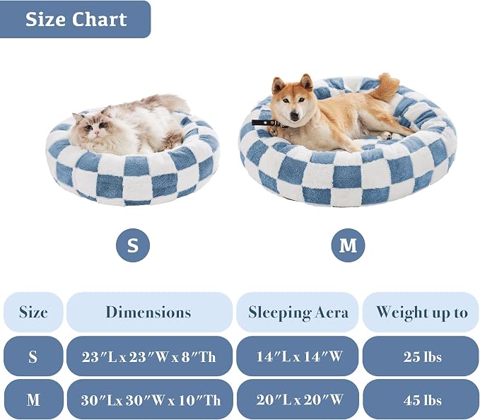 Ohocut Checkered Dog Bed, Cute Blue Retro Style Aesthetic Round Warming Pet Calming Beds for Small Dog and Cats, Plush Cozy Donut Dog Beds Washable, 30" L x 30" W x 8" Th