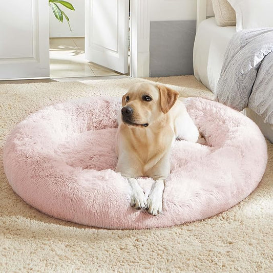 Western Home Calming Donut Large Dog Bed Pet Bed,36" Pink | Fluffy Faux Fur Round Cuddler,Anti-Anxiety,Anti-Slip Bottom,Plush Round Pet Dog Beds for Large Sized Dogs,Up to 80 LBS