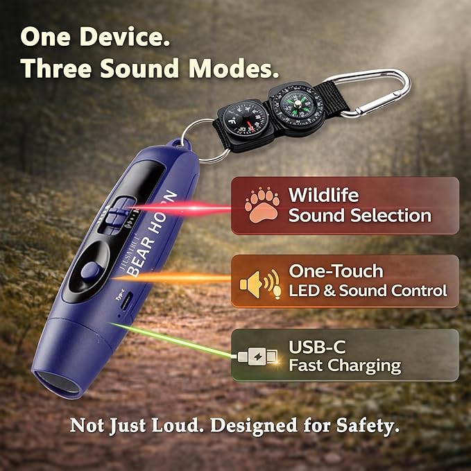 120dB Electronic Air Horn with Compass & Thermometer- Bear Horn to Scare Bears - Self Defense for Hiking