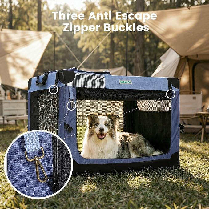Gardner Pet Soft Collapsible Dog Crate - 30 Inch Portable Travel Dog Crate for Small/Medium Dogs Indoor & Outdoor, 3-Door Pet Crate with Durable Mesh Windows & Storage Bag, Blue