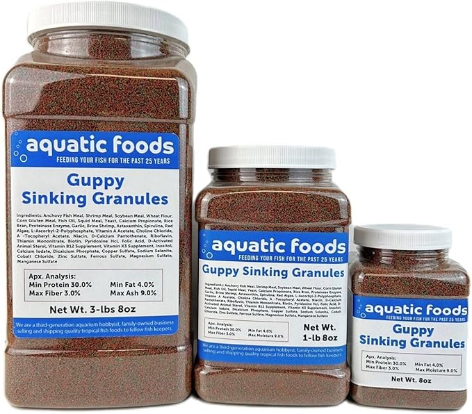 Aquatic Foods Inc. Guppy Micro Sinking Granules, Color Enhancing and Spirulina Mix for Guppies, Tetras, All Live Bearers, Baby Cichlids...WL 3-lbs 8oz Lg Jar