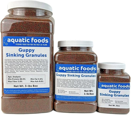 Aquatic Foods Inc. Guppy Micro Sinking Granules, Color Enhancing and Spirulina Mix for Guppies, Tetras, All Live Bearers, Baby Cichlids...WL 3-lbs 8oz Lg Jar