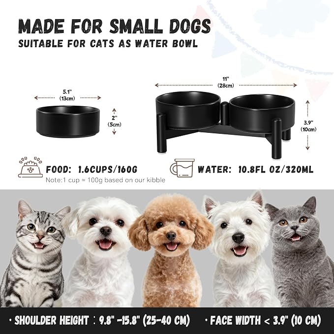 Raised Ceramic Dog Bowl Set with Stand, 1.6 Cups Elevated Dog Food Stand | 5.1'' Double Dog Food and Water Bowl Set, Non-Slip Dog Feeding Dishes for Small Breeds and Cats, 10.8 OZ, Black