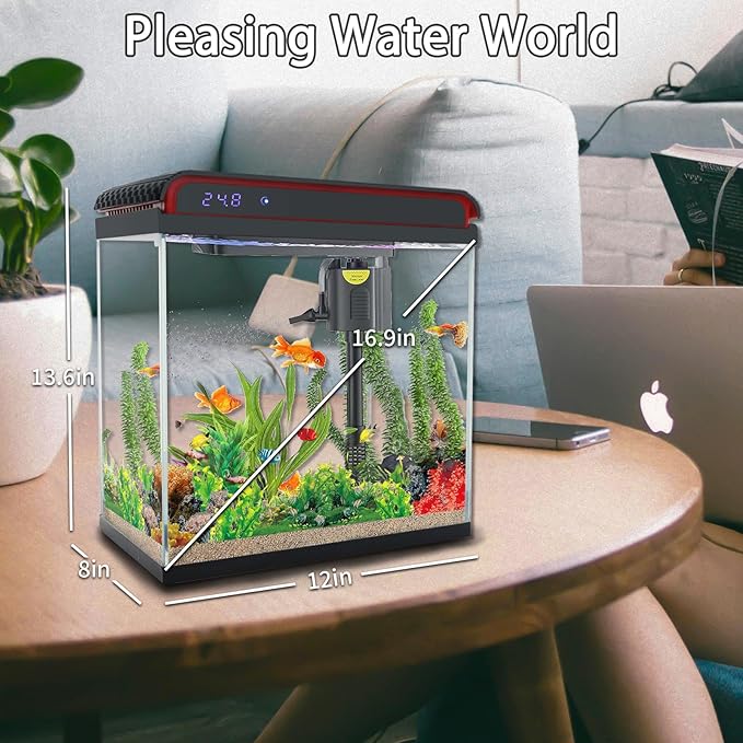 5 Gallon Fish Tank, Glass Aquarium Starter Kits, Self-Cleaning Water Pump & 3-Color Light with Water Temperature Detection for Betta Shrimp Guppy Jellyfish Goldfish Beta, Gift for Room Decor Kid