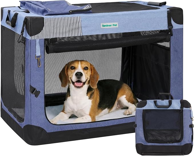 Gardner Pet Soft Collapsible Dog Crate - 30 Inch Portable Travel Dog Crate for Small/Medium Dogs Indoor & Outdoor, 3-Door Pet Crate with Durable Mesh Windows & Storage Bag, Blue