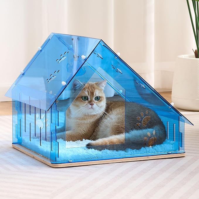 Acrylic Cat House for Indoor Cats, Transparent Cat Bed Cave with Plush Cushion & Hanging Toys, Modern Ventilated Cat Condo with Sturdy Wooden Base for Adult Cats & Kittens up to 12 lbs, Blue