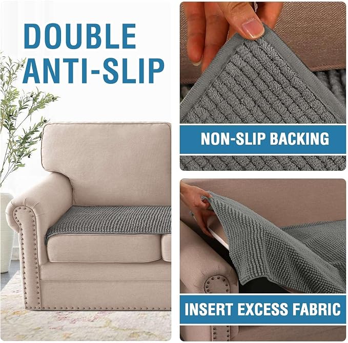 H.VERSAILTEX Plush Chenille Couch Cover for 3 Cushion Couch Anti Slip Washable Sofa Slipcovers Soft and Durable Furniture Protector for Dogs Cats Kids (27.5" x 59", Gray)